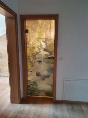 Glastür mit beklebtem Bild, Türe mit Bach, Türe mit Fluss